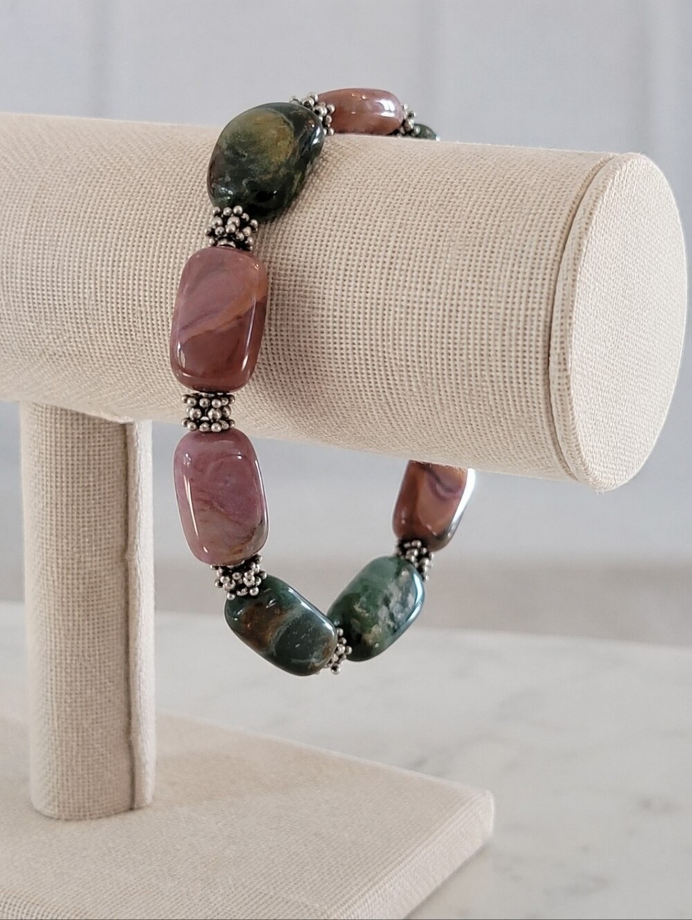 Boho Stretch Agate Jasper Gemstone Beaded Bracelet Silver Tone EUC